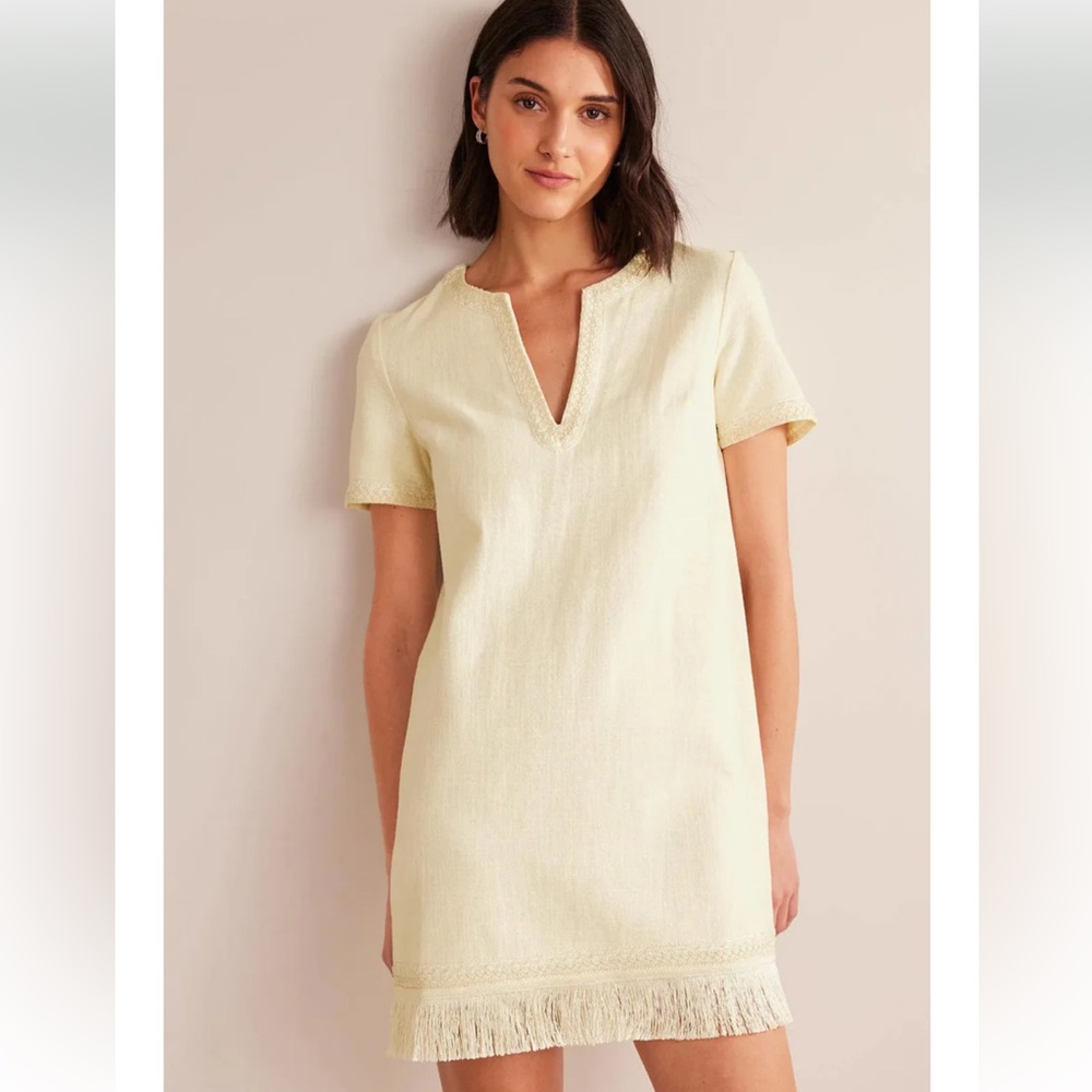 Boden Cream Midi Dress with Fringe Detail